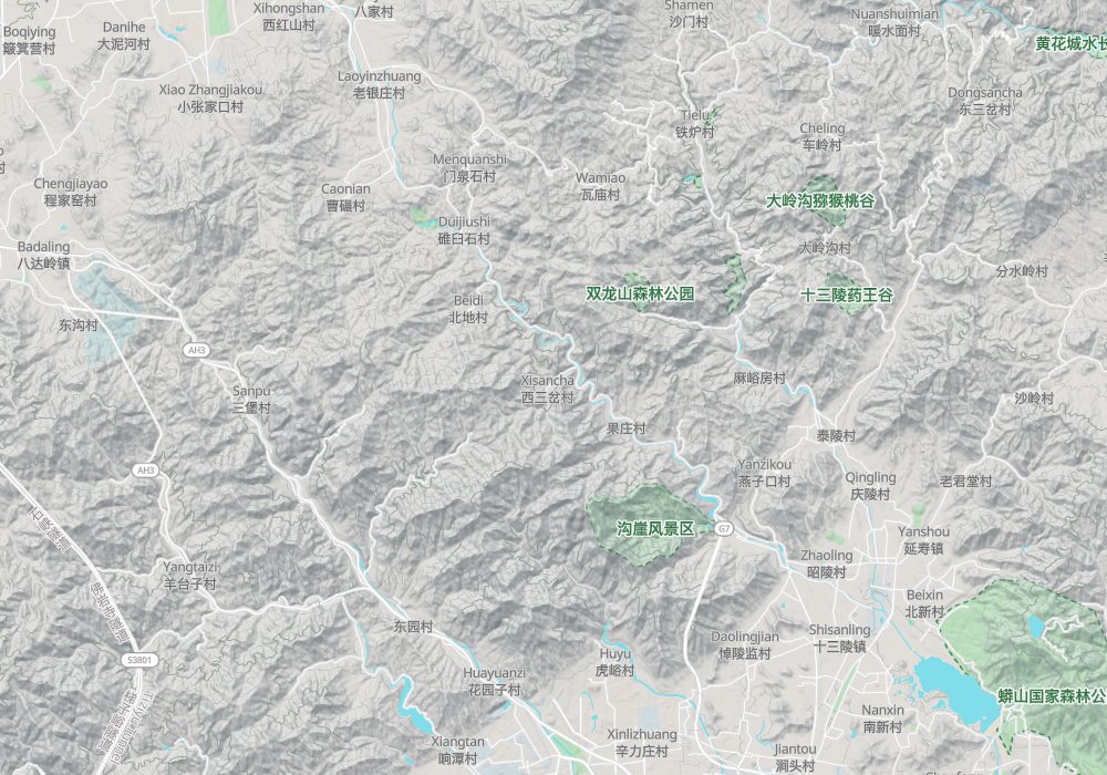 Badaling is in the north-west of the map, Juyongguan lies south-east of it at a mountain pass, Changling and Dingling are in the east, and the Ming Tombs Reservoir is south of the tomb area; hillshade and 100 m contours