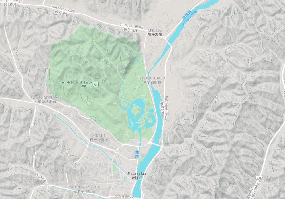 The Mountain Resort lies in the north of the city, with the Outlying Temples to its east and north; hillshade and 100 m contours
