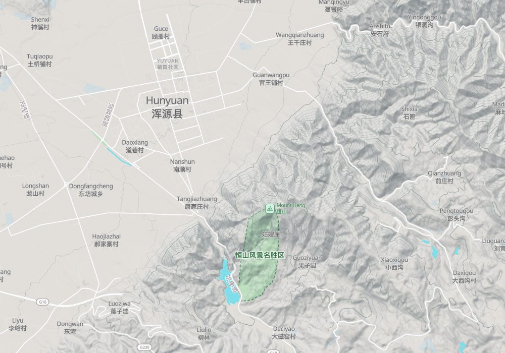 Hunyuan town lies to the north, the Hanging Temple south of it, and Tianfeng Ridge, the main peak, a little farther south; hillshade and 100 m contours