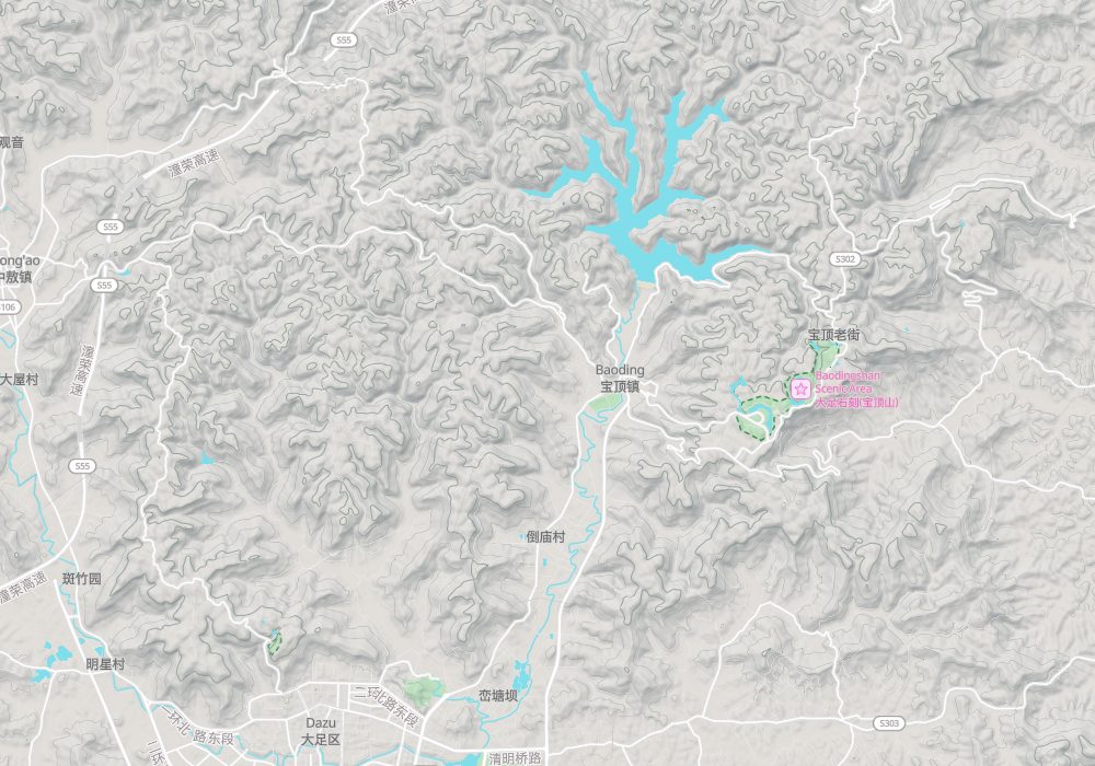 Beishan and Dazu town are in the south-west, Baodingshan in the north-east; hillshade and 100 m contours