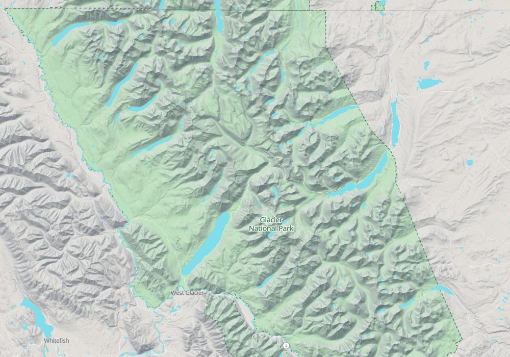 The Going-to-the-Sun Road runs from Apgar and Lake McDonald in the west over Logan Pass to St. Mary Lake in the east; Many Glacier is to the northeast and Two Medicine to the southeast; Waterton Lakes lie to the north across the border; hillshade and 100 m contours