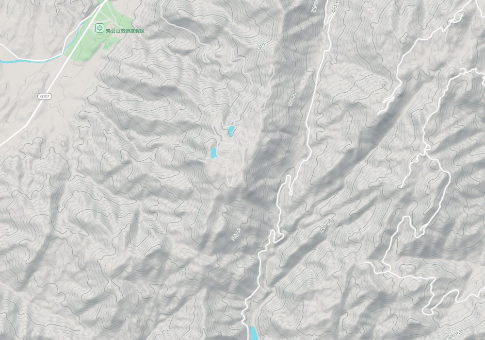 Mount Jigong lies on the Henan-Hubei border, with a resort villa area on the mountain; hillshade and 100 m contours