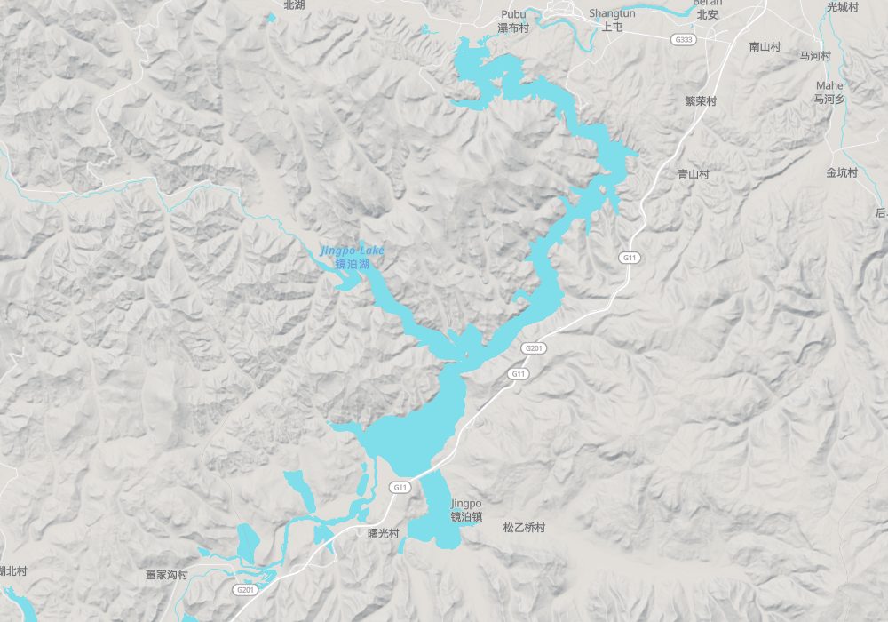 Lake Jingpo is long and narrow, running north to south, with Diaoshuilou Falls at its northern end; hillshade and 100 m contours