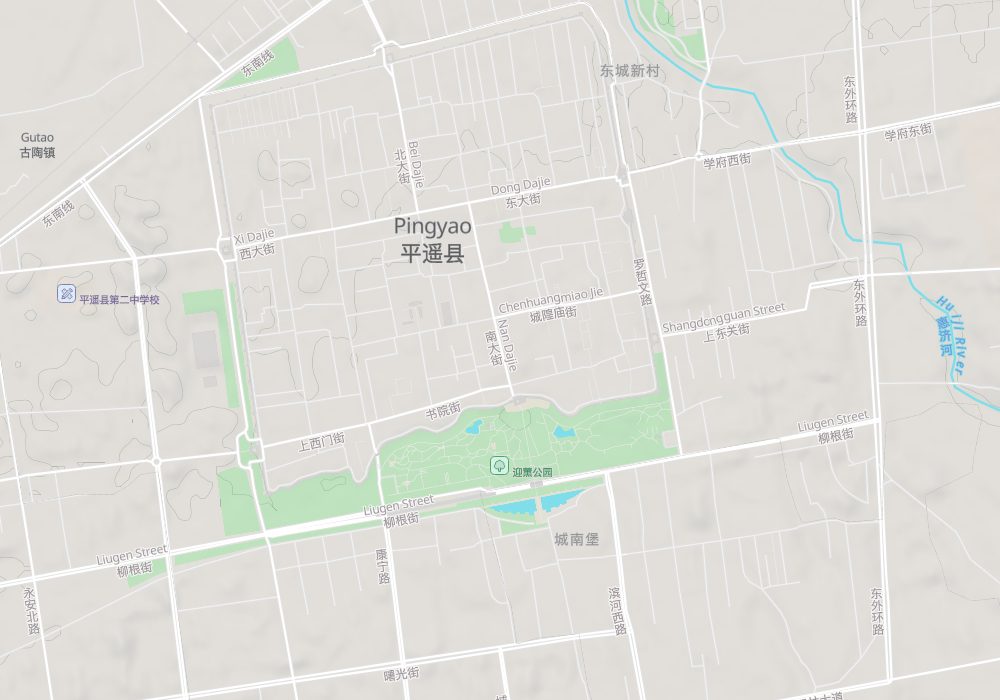 The old town of Pingyao is enclosed by its city wall, with the Market Tower at the centre; hillshade and 100 m contours
