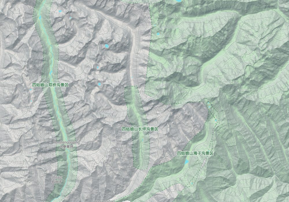 Rilong (Siguniang Town) lies at the foot of the mountain, with the Shuangqiao, Changping and Haizi valleys running up toward the Siguniang peaks; hillshade and 100 m contours