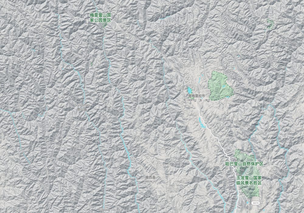 The three rivers run side by side from north to south: from west to east the Nu (Salween), the Lancang (Mekong) and the Jinsha (upper Yangtze); the Meili Snow Mountains are in the north, Gongshan on the Nu, Shangri-La in the east, and the Haba and Jade Dragon snow mountains in the south-east; hillshade and 100 m contours