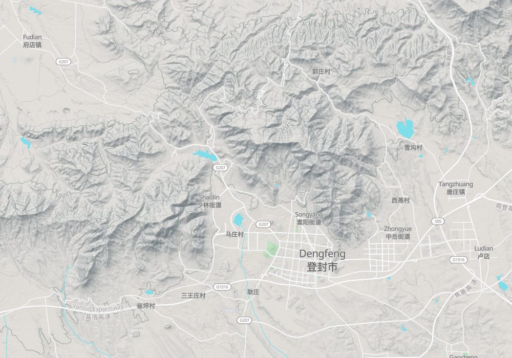 Dengfeng city lies at the southern foot of Mount Song, with Shaolin Temple to the west, Zhongyue Temple to the east, and Mount Taishi and Mount Shaoshi on either side; hillshade and 100 m contours