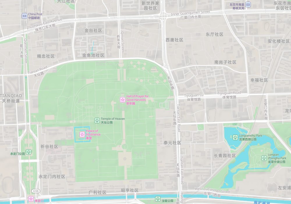 The Hall of Prayer for Good Harvests and the Circular Mound Altar stand within the inner precinct, in the north-central part of the park; hillshade and 100 m contours