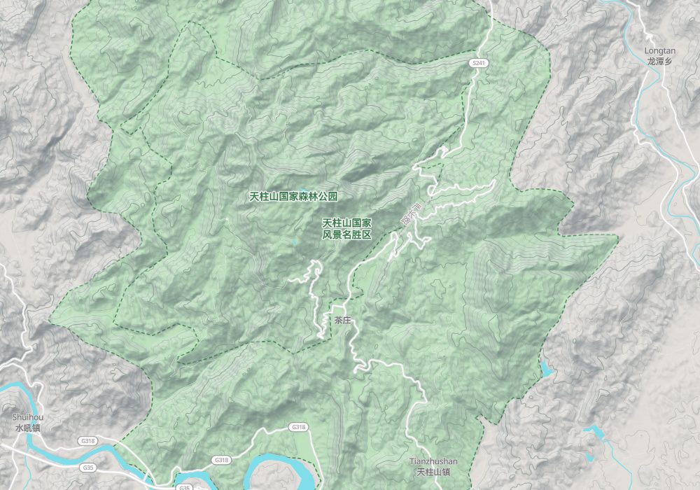 The main peak is in the centre, with Feilai, Tianchi and Yingzhen peaks and Qinglongbei in the surrounding peak forest. Sanzu Temple is at the foot of the mountain, some way from the main scenic area; hillshade and 100 m contours