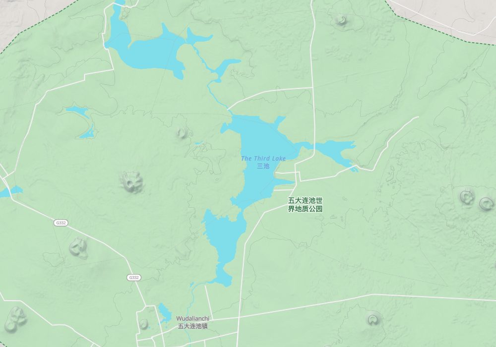 The Laoheishan and Huoshaoshan volcanoes are in the north of the area, and Wudalianchi town is in the south; hillshade and 100 m contours