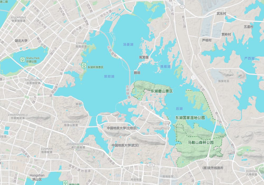 East Lake lies east of the Yangtze, with the Tingtao area in the northwest, Moshan in the southeast and Wuhan University on the southwest shore; hillshade and 100 m contours