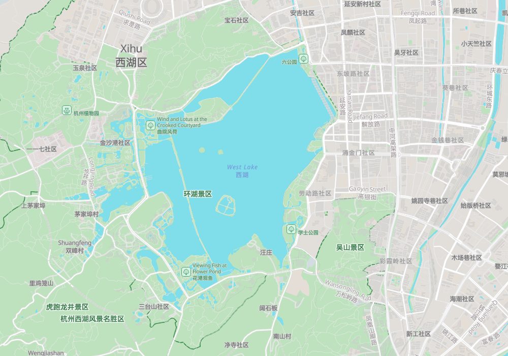 West Lake: the Su and Bai causeways, Three Pools Mirroring the Moon, Quyuan lotus garden and Huagang fish-viewing park, with the old city of Hangzhou on the east shore