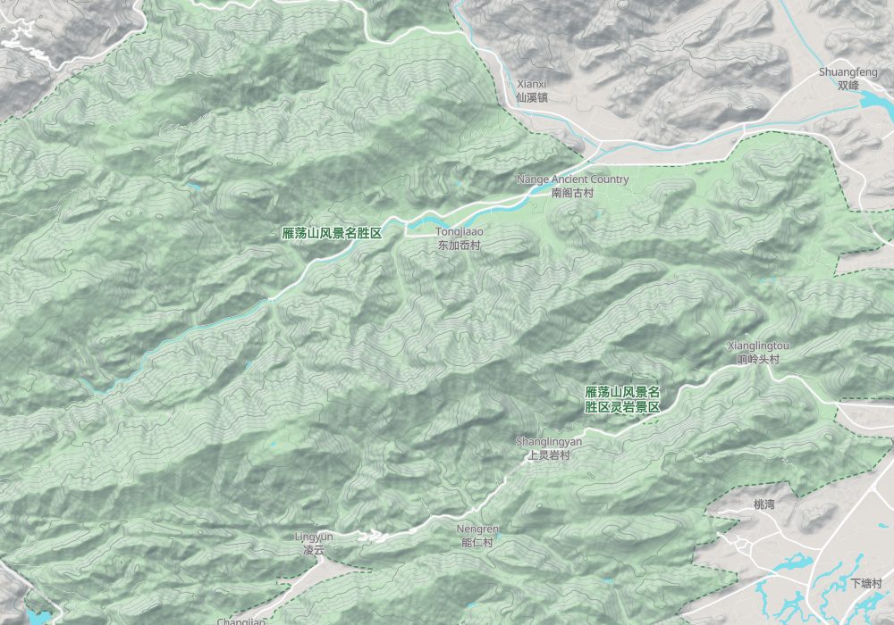 Yandang town and Lingfeng are in the east, and Dalongqiu is in the west; hillshade and 100 m contours