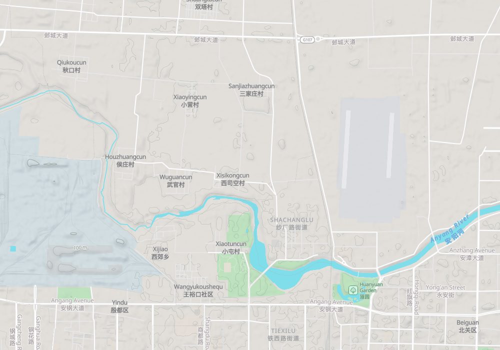 Yinxu lies on both banks of the Huan River, with Anyang city to the southeast; hillshade and 100 m contours