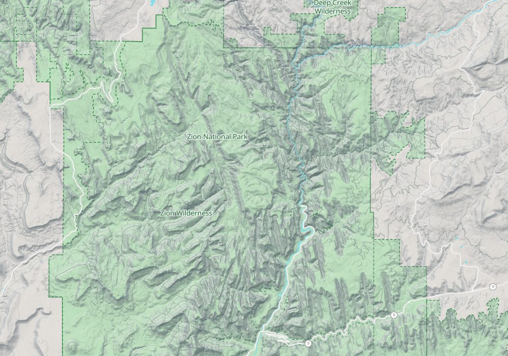 Springdale is at the south entrance and the Temple of Sinawava at the head of Zion Canyon, with the east entrance on the east side of the map. Kolob Canyons lie some distance to the northwest; hillshade and 100 m contours